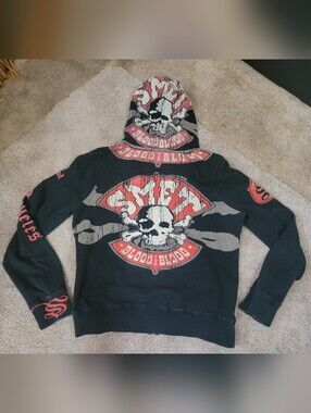 Smet Black Graphic Skull Hoodie with Red Accents Unisex  Sz. Large